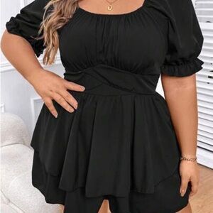 SHEIN Black Tiered Ruffle Romper Puff Sleeve Square Neck Flirty Summer Plus 1X
